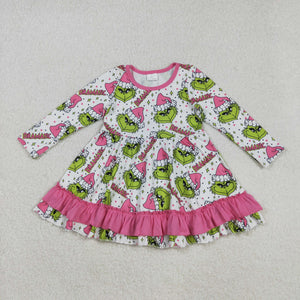Cartoon Dramatic Pink Ruffles White Girls Christmas Dress