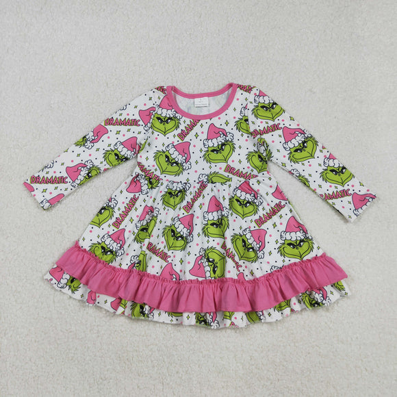 Cartoon Dramatic Pink Ruffles White Girls Christmas Dress