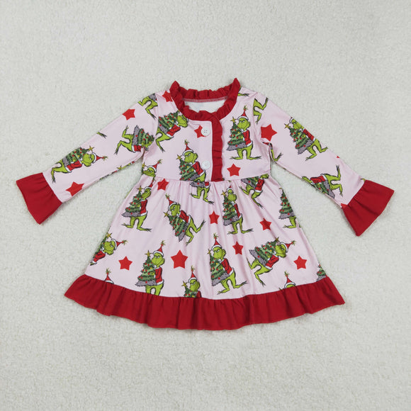 Cartoon Stars Red Ruffles Pink Girls Christmas Dress