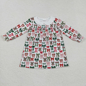 Red Green Bow Pattern White Girls Christmas Dress