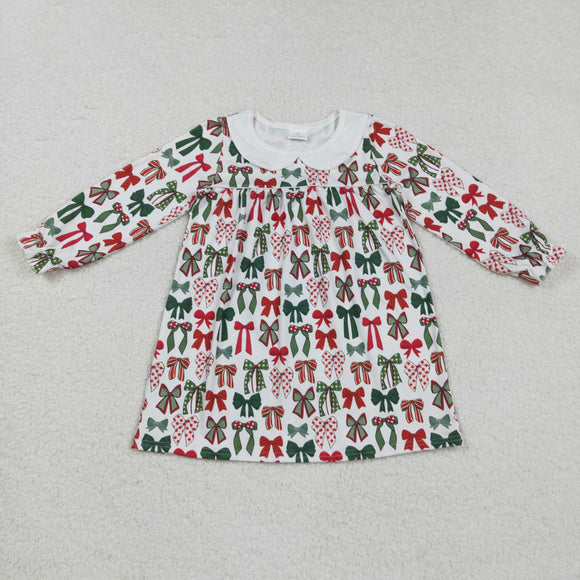 Red Green Bow Pattern White Girls Christmas Dress