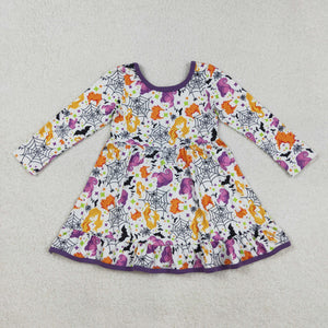 Bats Cartoon Purple White Girls Halloween Dress