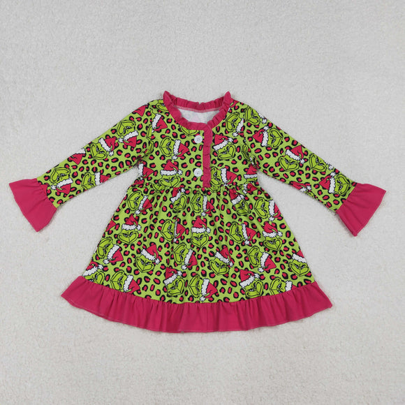 Cartoon Leopard Print Hot Pink Girls Christmas Dress