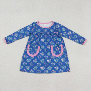Floral Pink Ruffles Pockets Blue Girls Long Sleeve Dress