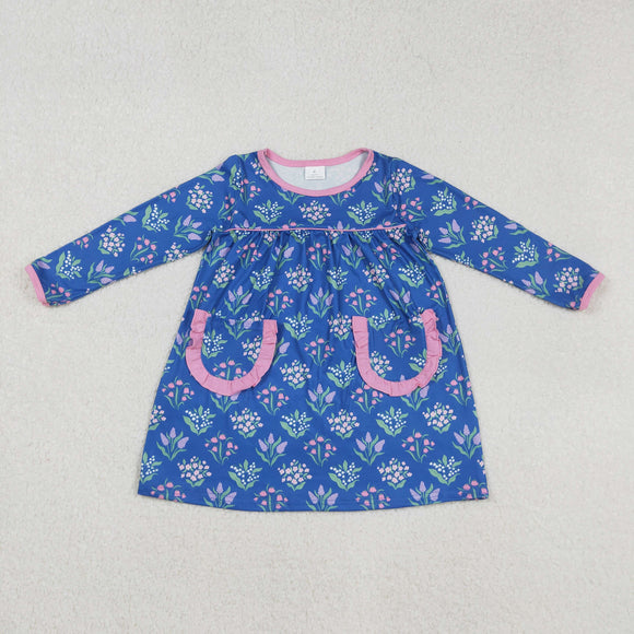 Floral Pink Ruffles Pockets Blue Girls Long Sleeve Dress