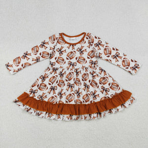 Football Bow Pattern Brown Ruffles Girls Long Sleeve Dress