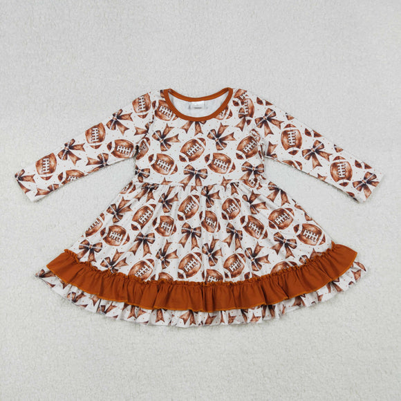 Football Bow Pattern Brown Ruffles Girls Long Sleeve Dress