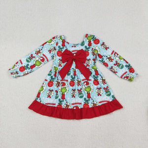Cartoon Red Bow Blue Girls Christmas Dress