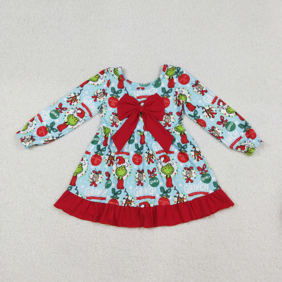 Cartoon Red Bow Blue Girls Christmas Dress