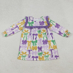 Bow Pattern Purple Ruffles Girls Mardi Gras Dress