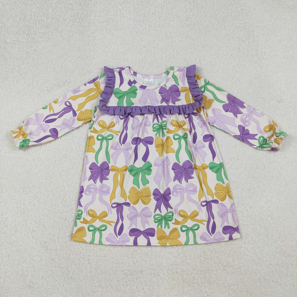 Bow Pattern Purple Ruffles Girls Mardi Gras Dress