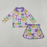 Bow Pattern Shorts Skirt Sets Girls Mardi Gras Outfits