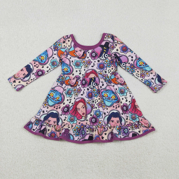 Cartoon Pop Floral Purple Girls Long Sleeve Dress