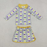Purple Bow Pattern Yellow Athletic Shorts Skirt Sets Girls Mardi Gras Outfits