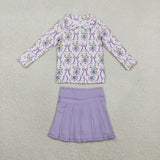 Floral Purple Bow Pattern Plaid Athletic Shorts Girls Skirt Sets