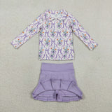 Floral Purple Bow Pattern Plaid Athletic Shorts Girls Skirt Sets