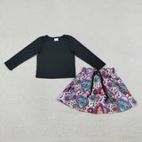 Solid Black Floral Pop Purple Girls Skirts Sets