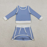 Solid Blue White Athletic Shorts Girls Skirts Sets