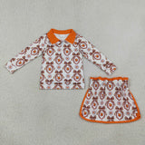 Leaves Bow Pattern Orange White Zipper Shorts Girls Skirt Sets
