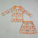Floral Leaves Orange Zipper Shorts Girls Skirt Sets