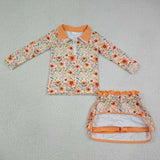 Floral Leaves Orange Zipper Shorts Girls Skirt Sets