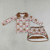 Gingerbread Floral Borwn Zipper Shorts Skirt Sets Girls Christmas Outfits