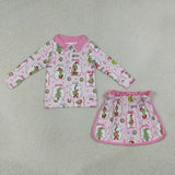 Cartoon Pink Zipper Shorts Skirt Sets Girls Christmas Outfits