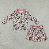 Cartoon Pink Zipper Shorts Skirt Sets Girls Christmas Outfits