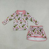 Cartoon Pink Zipper Shorts Skirt Sets Girls Christmas Outfits