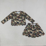 Brown Black Green Camo Scalloped Shorts Girls Skirt Sets