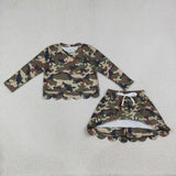 Brown Black Green Camo Scalloped Shorts Girls Skirt Sets