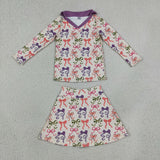Bow Pattern Purple Beige Athletic Shorts Skirt Sets Girls Halloween Outfits