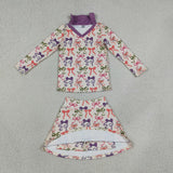 Bow Pattern Purple Beige Athletic Shorts Skirt Sets Girls Halloween Outfits