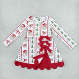 Santa Tree Stripe Red Bows Scalloped Athletic Girls Christmas Dress