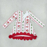 Santa Tree Stripe Red Bows Scalloped Athletic Girls Christmas Dress