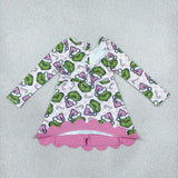 Cartoon Plaid Pink Bows Scalloped Athletic Girls Christmas Dress
