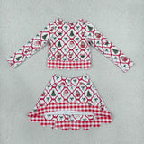 Santa Deer Red Plaid Bows Scalloped Athletic Shorts Skirt Sets Girls Christmas Outfits
