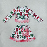 Red Plaid Bows Scalloped Athletic Shorts Skirt Sets Girls Christmas Outfits