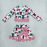 Red Plaid Bows Scalloped Athletic Shorts Skirt Sets Girls Christmas Outfits