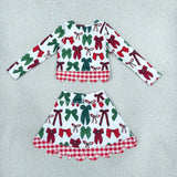 Red Plaid Bows Scalloped Athletic Shorts Skirt Sets Girls Christmas Outfits
