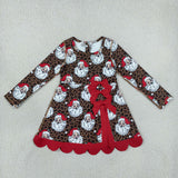 Santa Leopard Print Red Bows Scalloped Athletic Girls Christmas Dress
