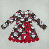 Santa Leopard Print Red Bows Scalloped Athletic Girls Christmas Dress