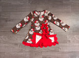 Pre-sale Santa Leopard Print Red Bows Scalloped Athletic Girls Christmas Dress