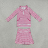Hot Pink Stripe Zipper Pleated Athletic Shorts Girls Skirt Sets