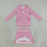 Hot Pink Stripe Zipper Pleated Athletic Shorts Girls Skirt Sets