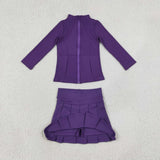Solid Dark Purple Athletic Zipper Girls Skirt Sets