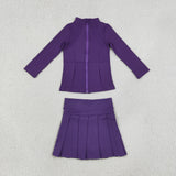 Solid Dark Purple Athletic Zipper Girls Skirt Sets