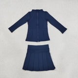 Solid Navy Athletic Zipper Girls Skirt Sets