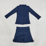 Solid Navy Athletic Zipper Girls Skirt Sets