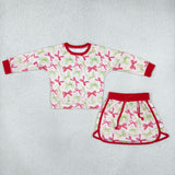 Bow Pattern Red Pink Shorts Skirt Sets Girls Christmas Outfits